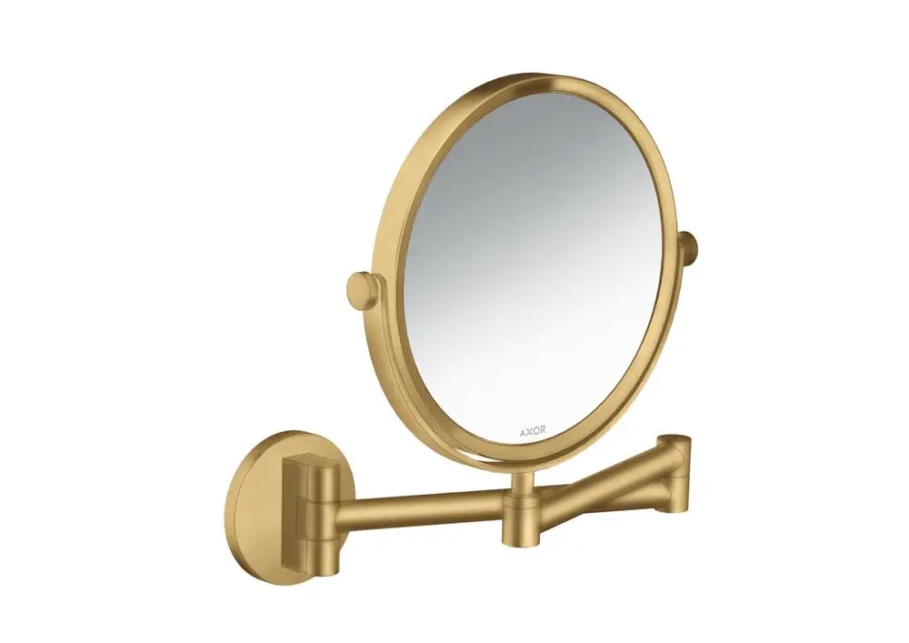 Wandmontierter Spiegel in gebürstetem Gold mit einem runden Design und beweglichem Arm, markiert mit dem Logo von AXOR.